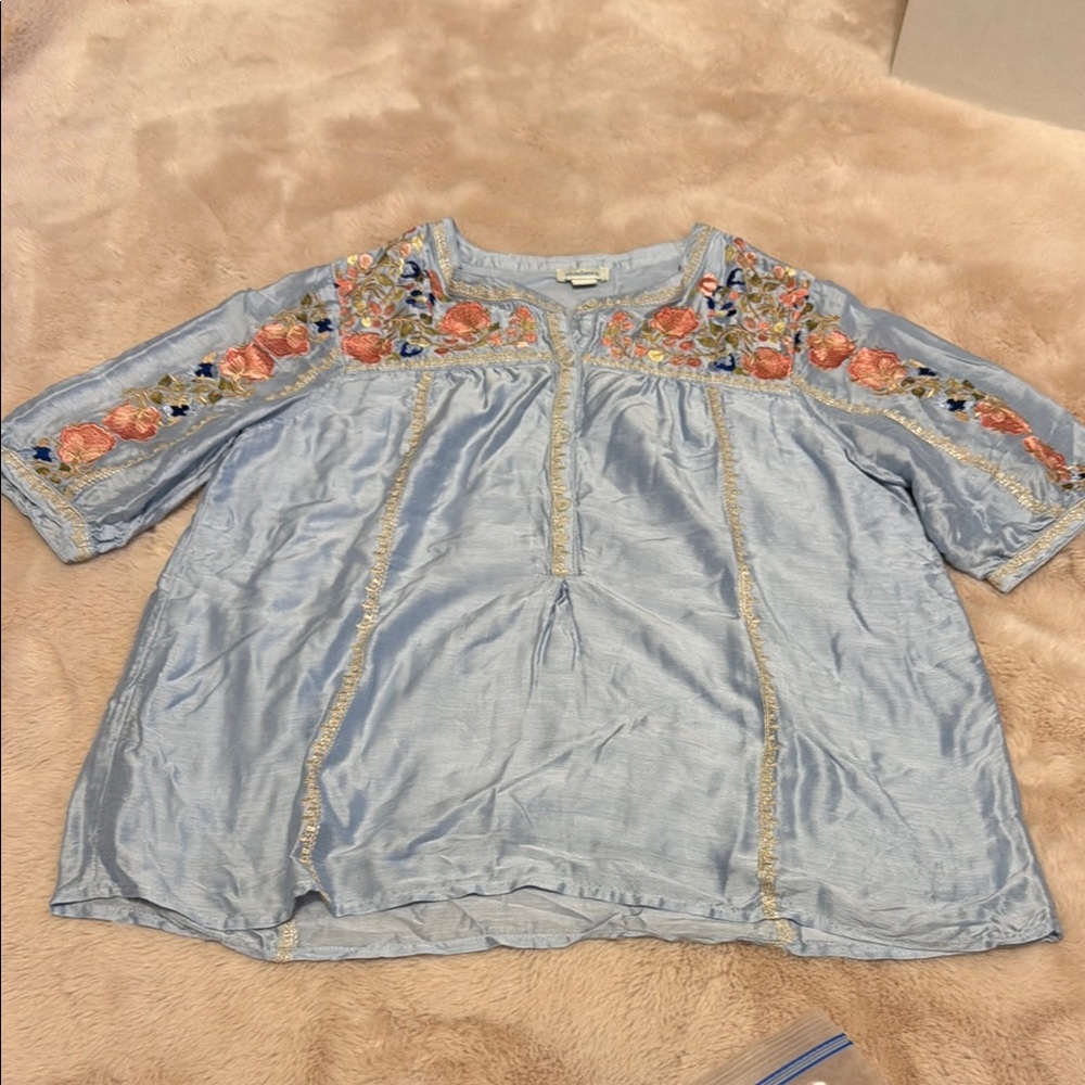 Sundance Blue and Orange Embellished Blouse with Bib Collar